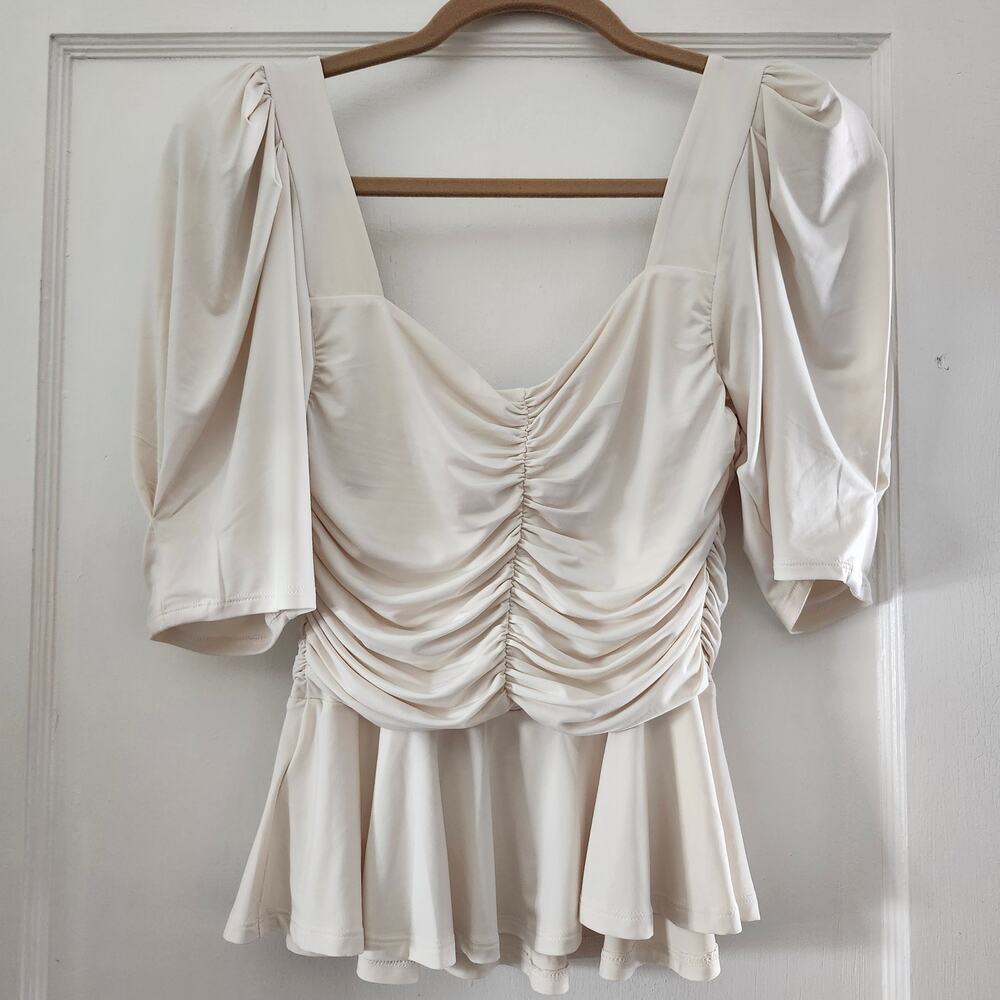 Express Ivory Ruched Puff-Sleeve Top with Peplum Size Small - Picture 2 of 10
